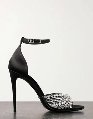 Gucci Ilse Crystal-Embellished Open Toe Satin Heel Sandals Black  EU 39 US 9